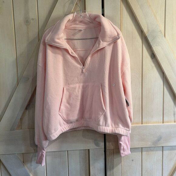 Old Navy Womens Pullover Quarter Zip Large Pink Pockets Thumb Hole Loose Fit - Picture 1 of 15